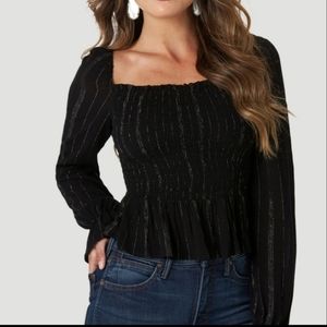 Wrangler long sleeve peplum top with smocked waist